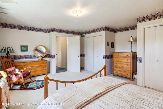 carpeted bedroom with two closets