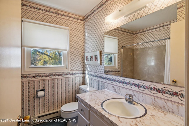 bathroom featuring walk in shower, vanity, and toilet