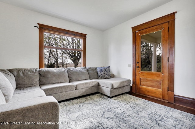 living room with plenty of natural light and hardwood / wood-style flooring