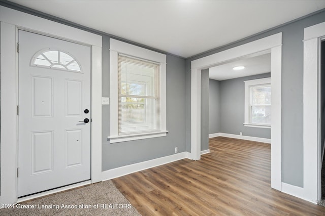 entrance foyer with hardwood / wood-style floors and a wealth of natural light