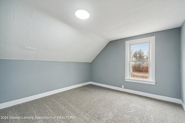 additional living space with a textured ceiling, carpet flooring, and vaulted ceiling