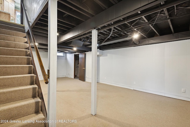 basement with carpet flooring