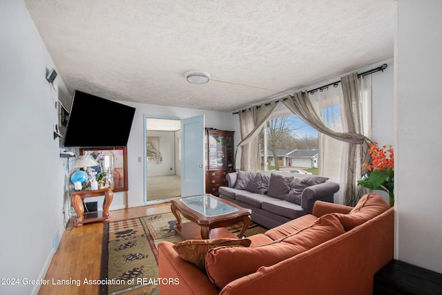 living room with a textured ceiling and light hardwood / wood-style flooring