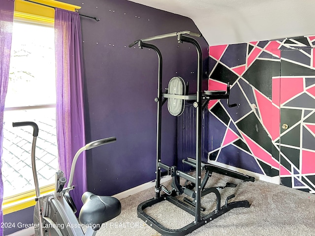 workout room with lofted ceiling