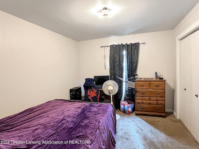 bedroom featuring carpet and a closet