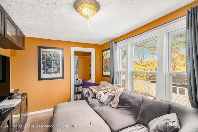 carpeted bedroom featuring a textured ceiling