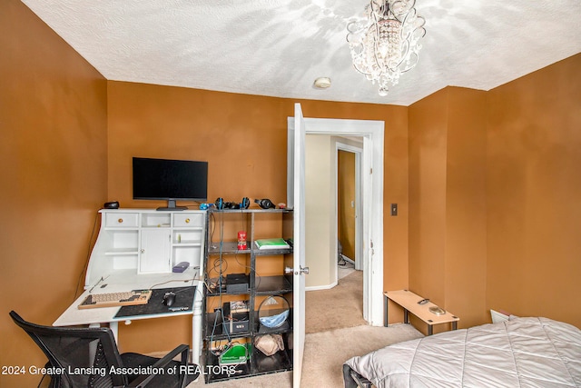 bedroom with light carpet, a textured ceiling, and a notable chandelier