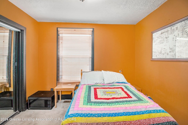 bedroom featuring carpet flooring and a textured ceiling