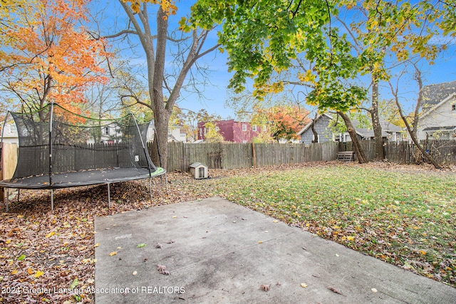 view of yard with a trampoline and a patio area