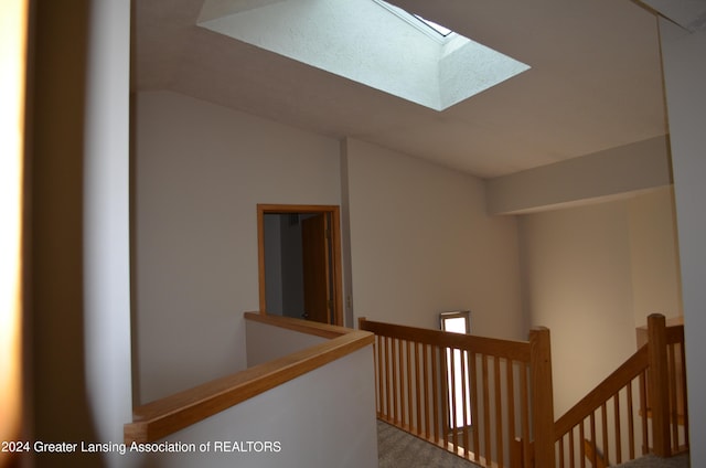 corridor featuring carpet flooring and a skylight