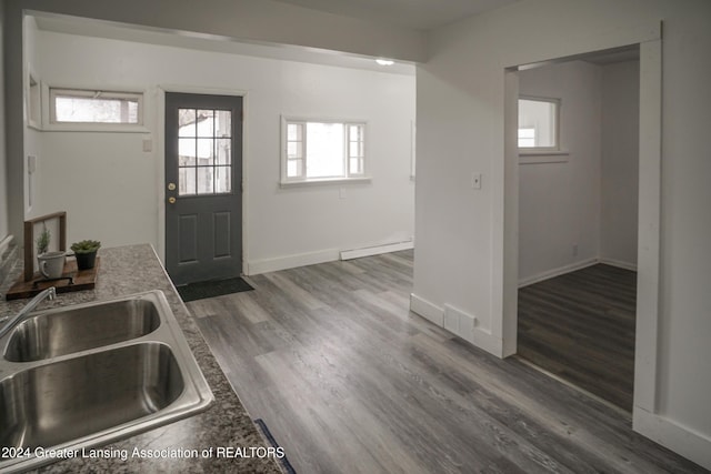 foyer entrance with a baseboard radiator, sink, and dark hardwood / wood-style floors