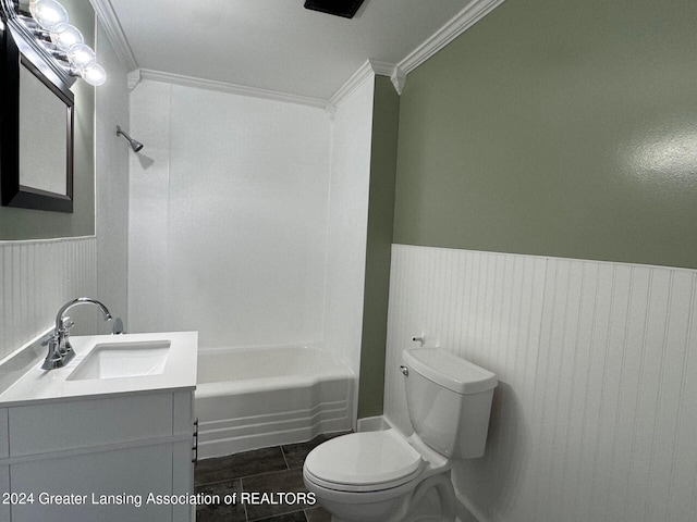 full bathroom with shower / tub combination, vanity, toilet, and ornamental molding