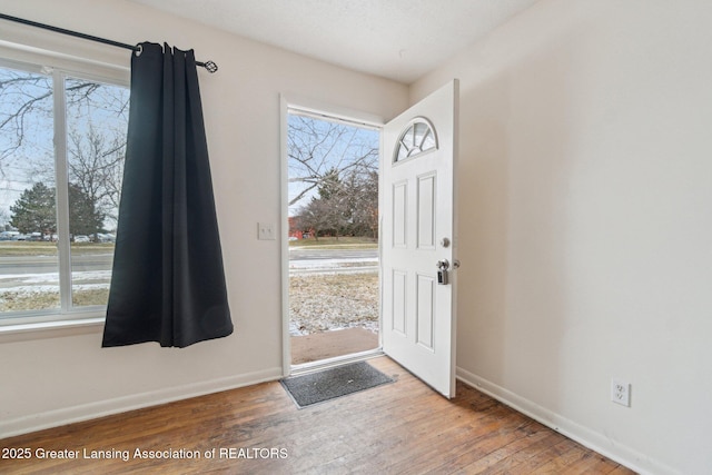 foyer entrance with baseboards and wood finished floors