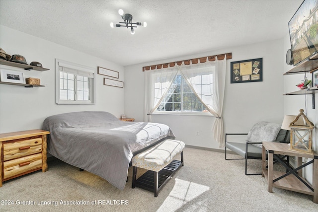 carpeted bedroom featuring a textured ceiling