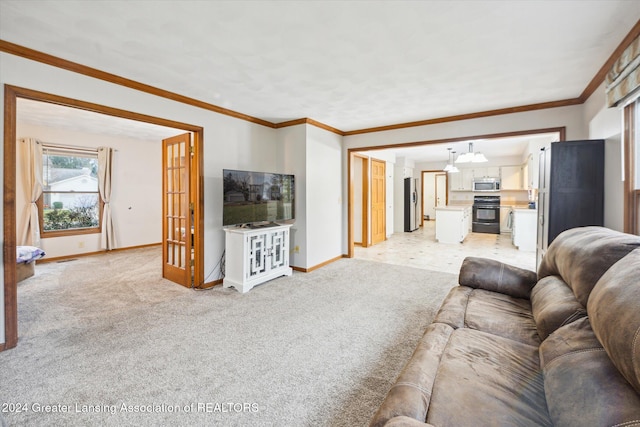 carpeted living room featuring ornamental molding