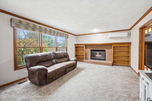 living room with a wall unit AC, a fireplace, carpet flooring, and ornamental molding