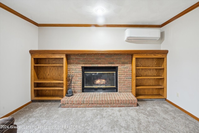 unfurnished living room with a wall mounted air conditioner, carpet floors, crown molding, and a brick fireplace