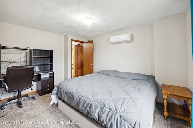 carpeted bedroom featuring an AC wall unit