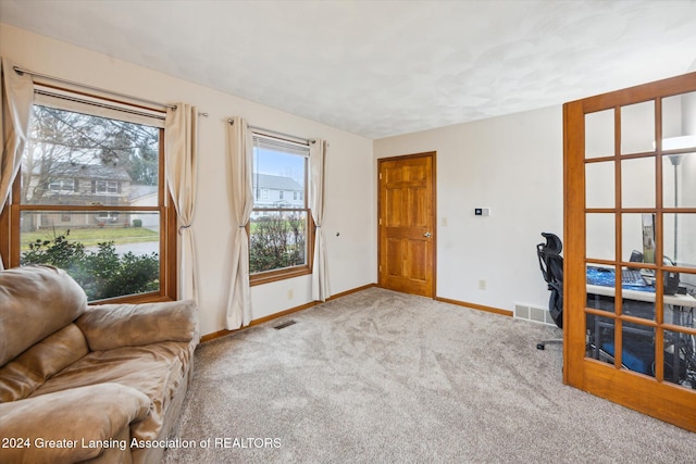 home office featuring light carpet