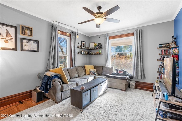 living room featuring ceiling fan, a healthy amount of sunlight, and crown molding