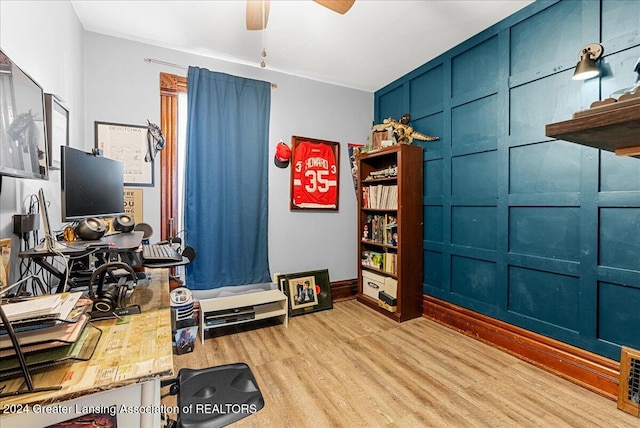 interior space featuring light hardwood / wood-style flooring and ceiling fan