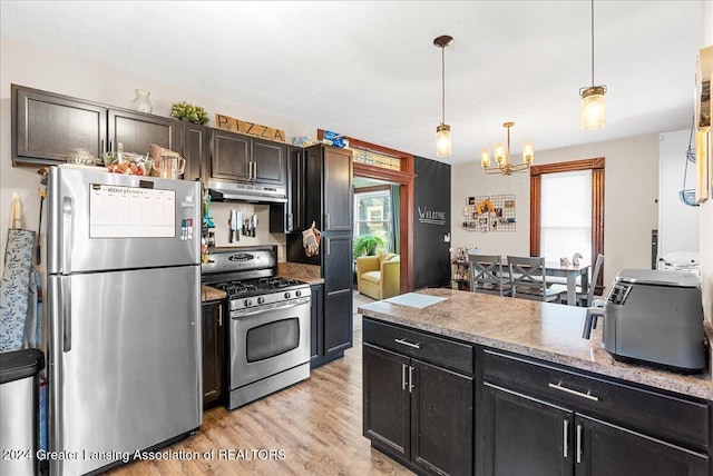 kitchen with stainless steel appliances, a chandelier, dark brown cabinets, pendant lighting, and light wood-type flooring