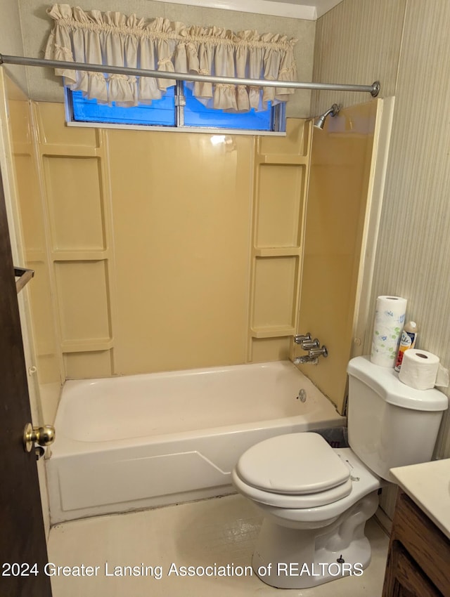 full bathroom with shower / bathing tub combination, vanity, and toilet