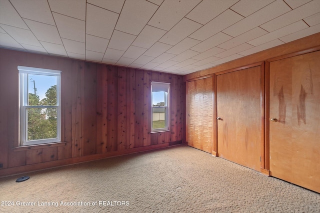 unfurnished bedroom with light carpet and wooden walls