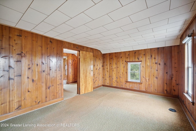 carpeted spare room featuring a wealth of natural light and wood walls