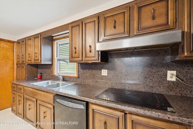 kitchen with tasteful backsplash, black electric stovetop, stainless steel dishwasher, under cabinet range hood, and a sink