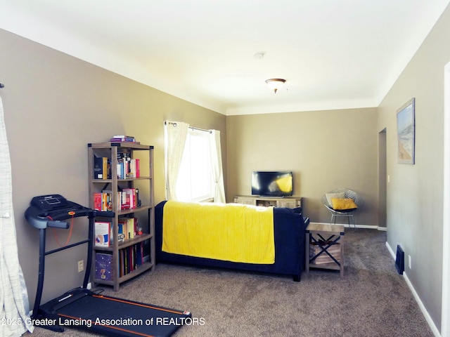 living room with dark colored carpet