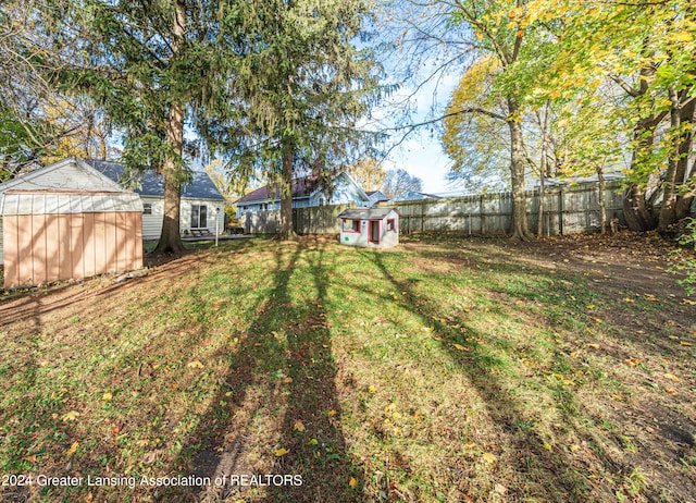 view of yard with a storage shed