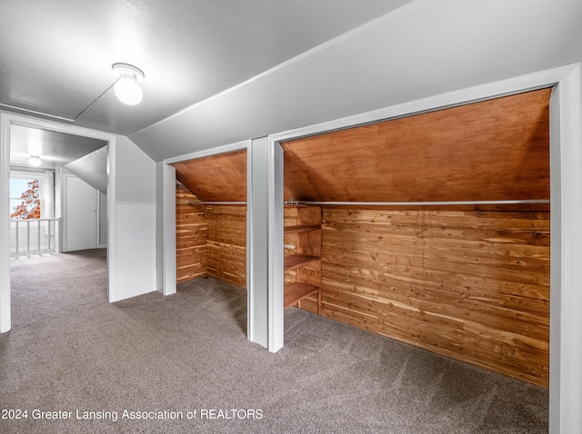 bonus room with wooden walls, carpet floors, and vaulted ceiling