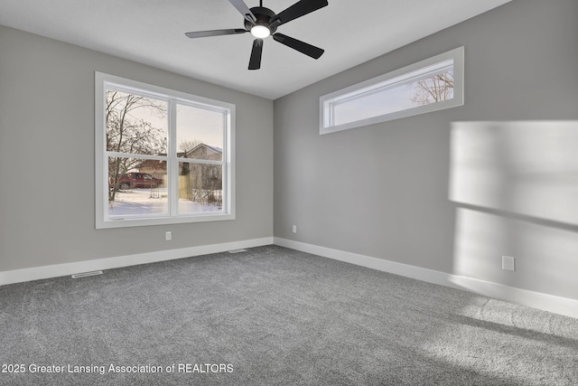 carpeted spare room with ceiling fan and a healthy amount of sunlight