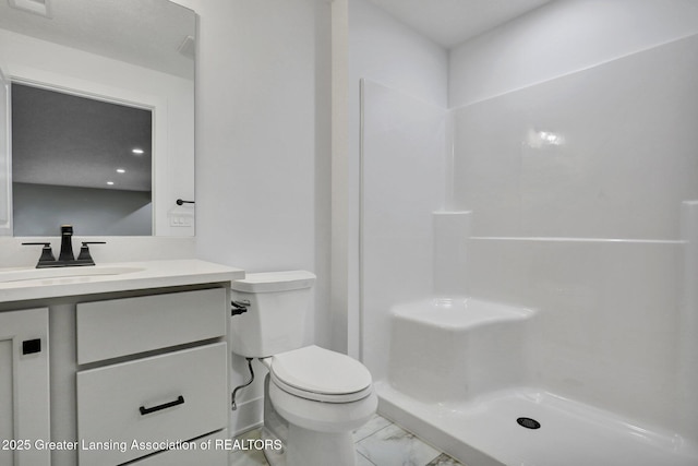 bathroom with vanity, a shower, and toilet