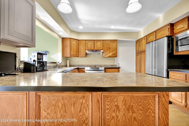 kitchen with kitchen peninsula, appliances with stainless steel finishes, light wood-type flooring, and sink