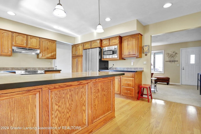 kitchen featuring light hardwood / wood-style flooring, stainless steel appliances, and decorative light fixtures