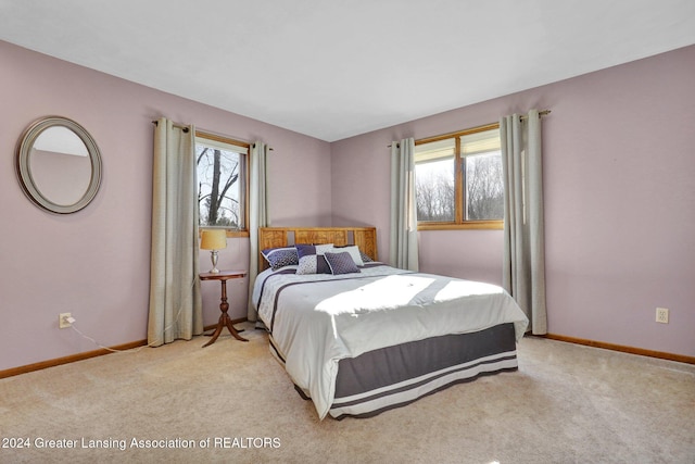 bedroom featuring light colored carpet and multiple windows