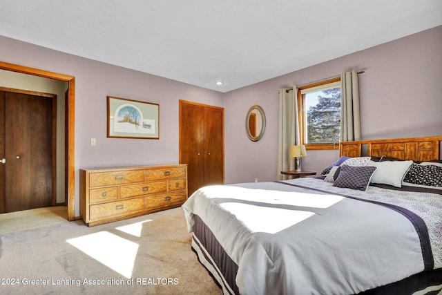 bedroom featuring light colored carpet