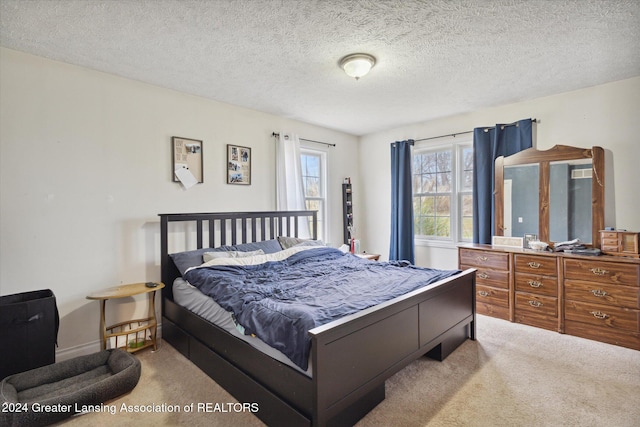 bedroom with light carpet and a textured ceiling