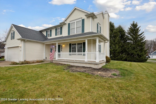 view of front of house with covered porch and a front lawn