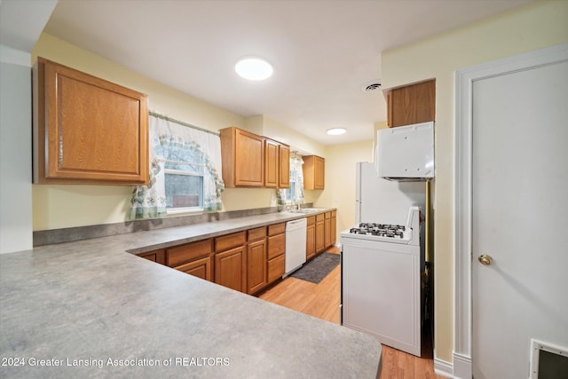 kitchen with sink, light hardwood / wood-style floors, and white appliances