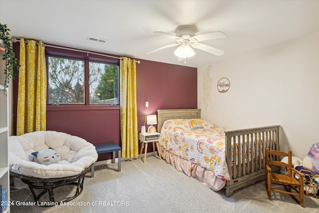 bedroom with carpet flooring and ceiling fan