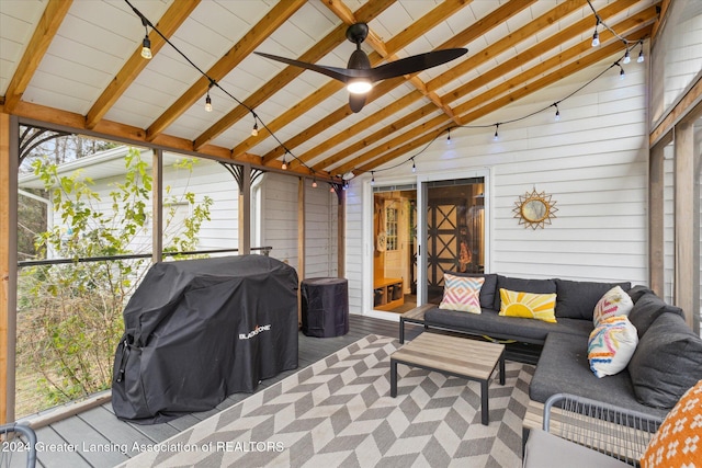 sunroom with wood ceiling, ceiling fan, and lofted ceiling with beams