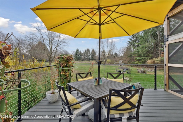 wooden deck with a lawn