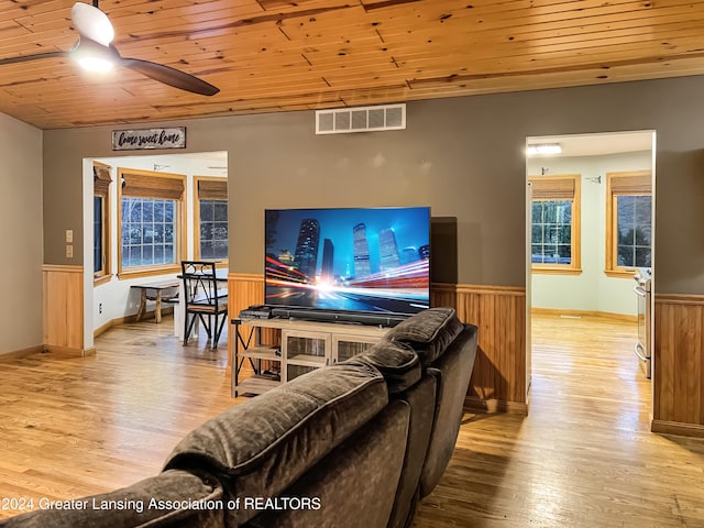 living room featuring plenty of natural light, wood ceiling, and light hardwood / wood-style flooring