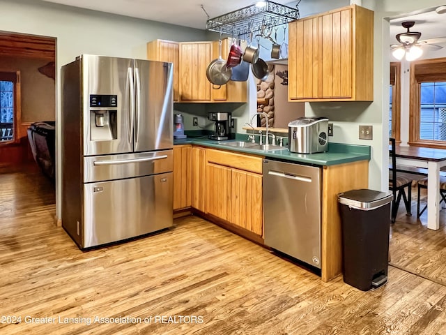 kitchen featuring ceiling fan, light hardwood / wood-style floors, sink, and stainless steel appliances