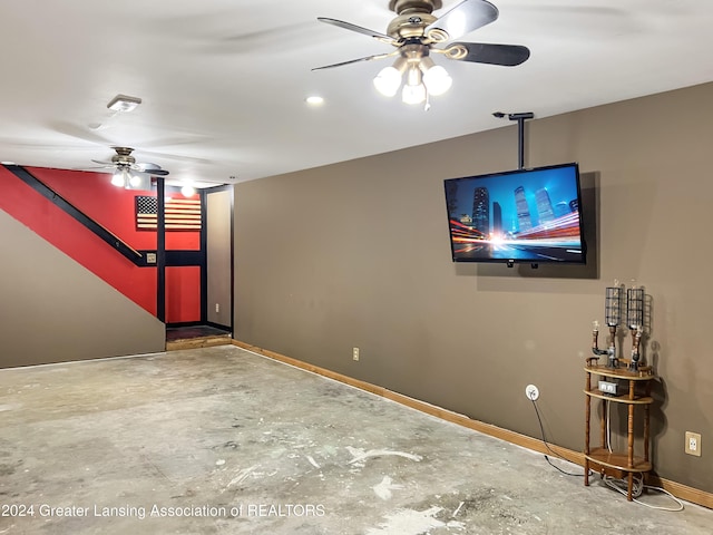 basement featuring ceiling fan