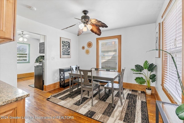 dining room with light hardwood / wood-style floors and ceiling fan