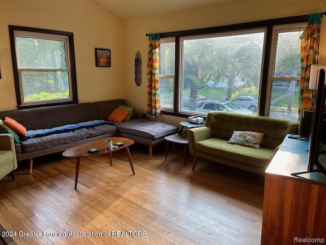 living room with lofted ceiling, a wealth of natural light, and light hardwood / wood-style flooring